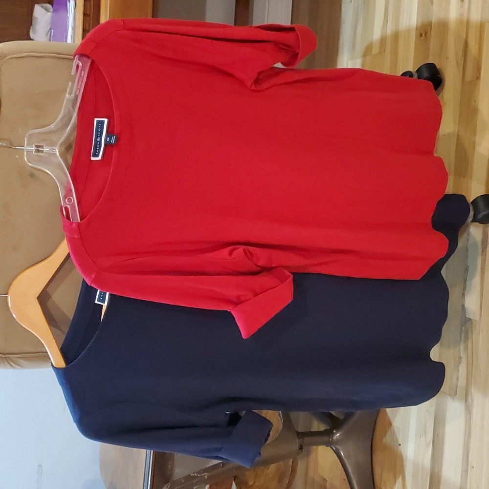 Set 2 Karen Scott Plus Size 0X Boatneck Tops Half 1/2 Elbow Sleeve Red Navy EUC